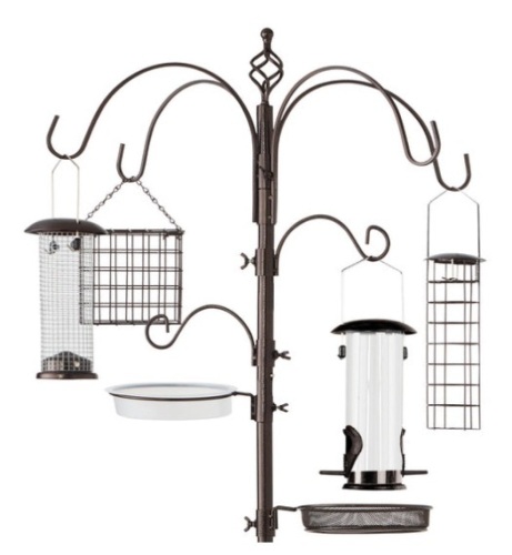Bird Feeding Station, 6-Hook Steel Multi-Feeder Stand w/ 4 Feeders - 89in, Bronze - Lot 249