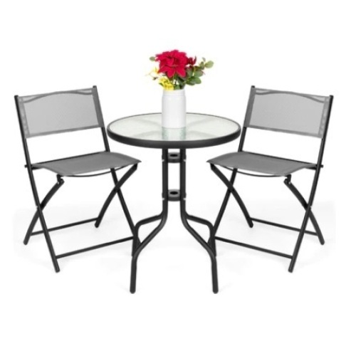 3-Piece Bistro Set w/ Glass Table, 2 Foldable Chairs, Gray - Lot 257