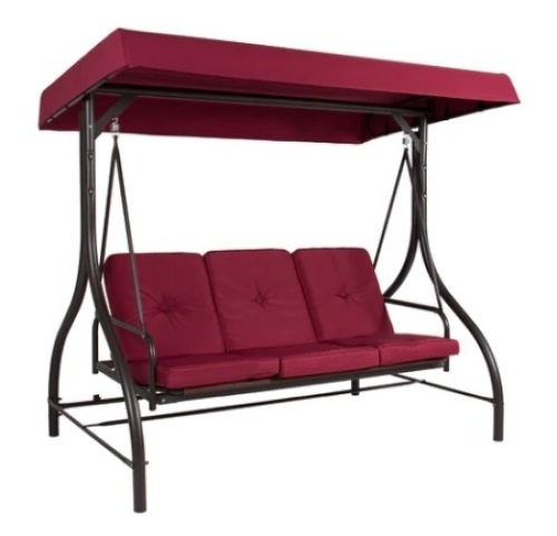 3-Seat Outdoor Canopy Swing Glider Furniture w/ Converting Flatbed Backrest, Burgundy, Appears New - Lot 262