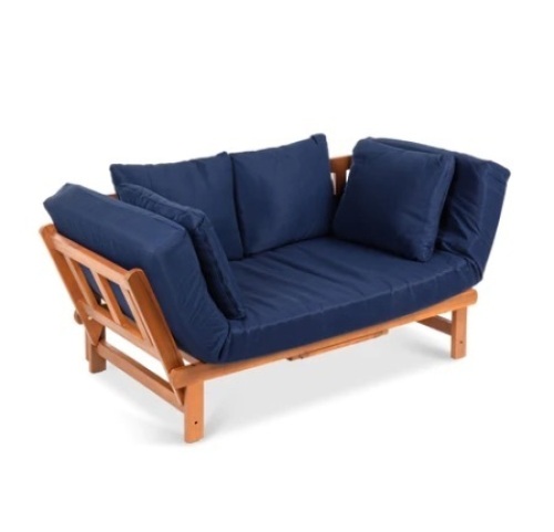 Outdoor Convertible Acacia Wood Futon Sofa w/ 4 Pillows, Removable Cushion  - Lot 264