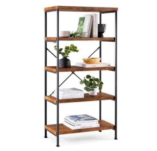 5-Tier Industrial Bookshelf w/ Metal Frame, Wood Shelves, Brown - Lot 268