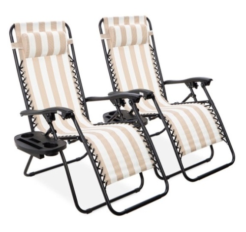 Set of 2 Adjustable Zero Gravity Patio Chair Recliners w/ Cup Holders, Tan Striped - Lot 283