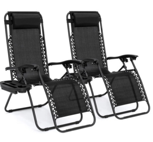 Set of 2 Adjustable Zero Gravity Patio Chair Recliners w/ Cup Holders, Black - Lot 284