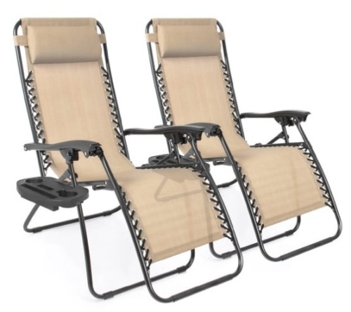 Set of 2 Adjustable Zero Gravity Patio Chair Recliners w/ Cup Holders, Sand - Lot 285