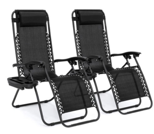 Set of 2 Adjustable Zero Gravity Patio Chair Recliners w/ Cup Holders, Black - Lot 286