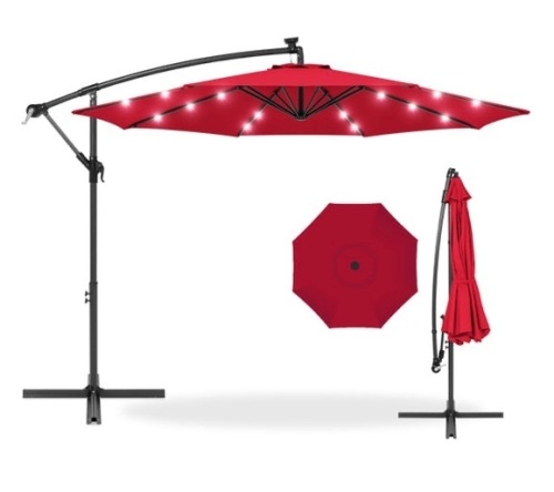 Solar LED Offset Hanging Patio Umbrella w/ Crank Tilt Adjustment - 10ft, Red - Lot 288