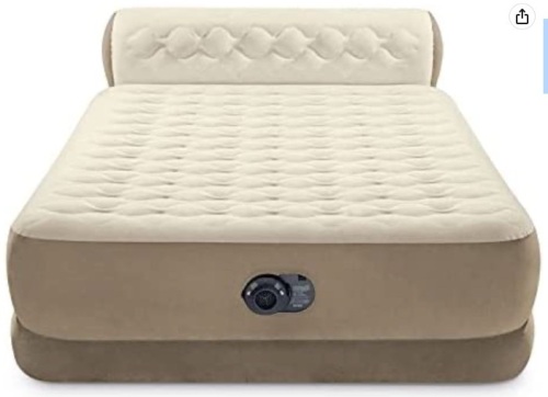 Intex Dura-Beam Air Mattress Deluxe Comfort Headboard Airbed Queen 18 Inch Height Internal Pump (Brown/Beige) - Lot 295