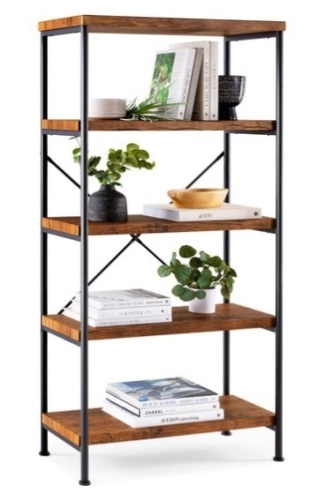5-Tier Industrial Bookshelf w/ Metal Frame, Wood Shelves, Brown - Lot 296