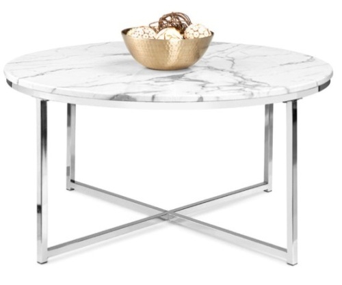 Round Coffee Table w/ Faux Marble Top, Metal Frame - 36in, Chrome - Lot 572
