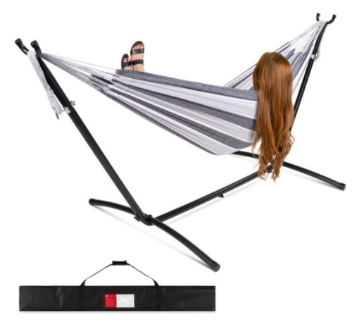 2-Person Brazilian-Style Double Hammock w/ Carrying Bag and Steel Stand, Steel - Lot 574