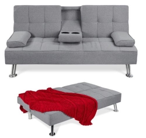 Linen Upholstered Convertible Sofa Bed Futon w/ 2 Cupholders, Gray - Lot 576