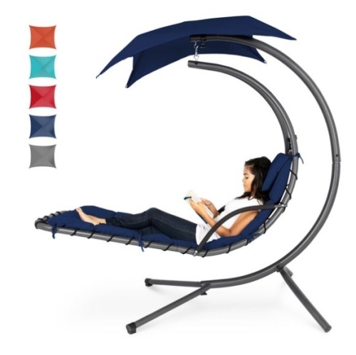 Hanging Curved Chaise Lounge Chair w/ Built-In Pillow, Removable Canopy, Navy Blue - Lot 577