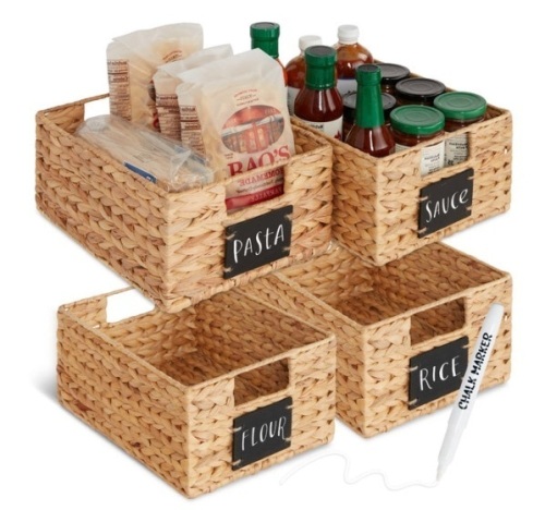 Set of 4 Water Hyacinth Pantry Baskets w/ Chalkboard, Marker - 12in - Lot 578