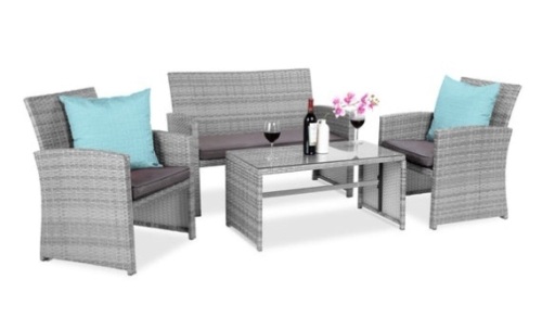 4-Piece Outdoor Wicker Conversation Patio Set w/ 4 Seats, Glass Table Top, Gray/Gray - Lot 581