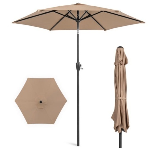 Outdoor Market Patio Umbrella w/ Push Button Tilt, Crank Lift - 7.5ft, Tan - Lot 585