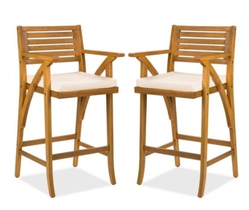 Set of 2 Outdoor Acacia Wood Bar Stools Chairs w/ Weather-Resistant Cushions - Lot 589