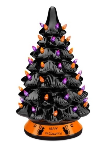 Pre-Lit 15in Ceramic Halloween Tree w/ Orange & Purple Bulb Lights - Lot 590