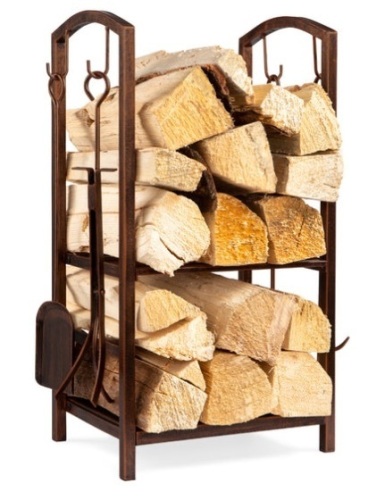 5-Piece Firewood Log Rack Holder Tools Set w/ Hook, Broom, Shovel, Tongs, Copper - Lot 591