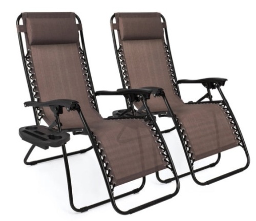 Set of 2 Adjustable Zero Gravity Patio Chair Recliners w/ Cup Holders, Brown - Lot 592