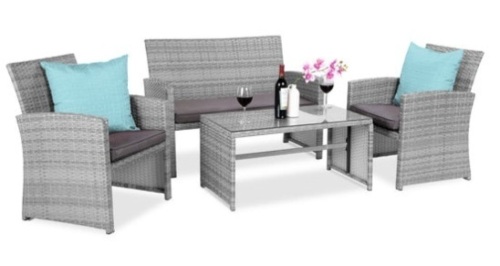 4-Piece Outdoor Wicker Conversation Patio Set w/ 4 Seats, Glass Table Top, Gray/Gray - Lot 595