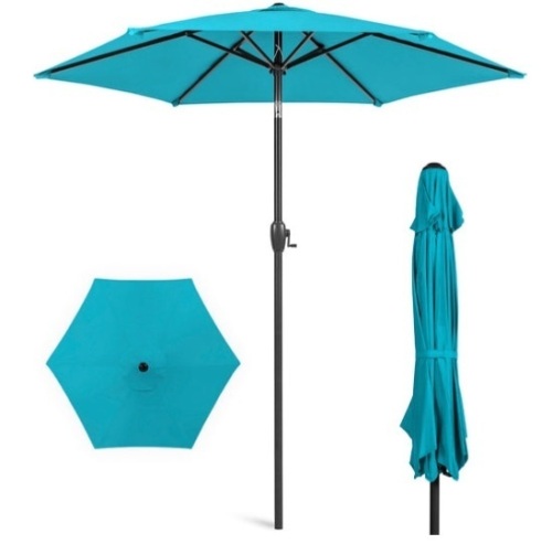 Outdoor Market Patio Umbrella w/ Push Button Tilt, Crank Lift - 7.5ft, Sky Blue - Lot 614