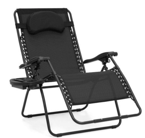 Oversized Reclining Zero Gravity Chair Lounger w/ Cup Holder, Pillow, Black - Lot 617