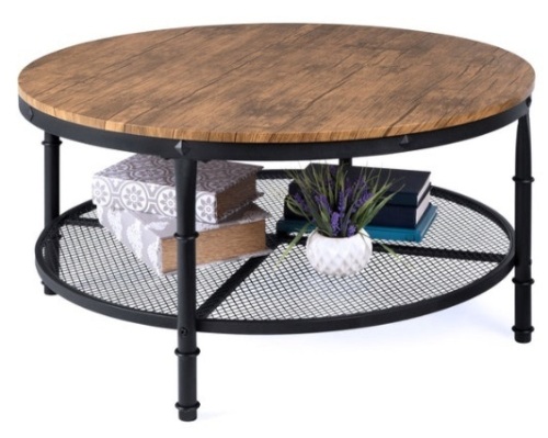 2-Tier Round Industrial Wood & Steel Coffee Table, Storage Shelves - 35.5in, Brown - Lot 618