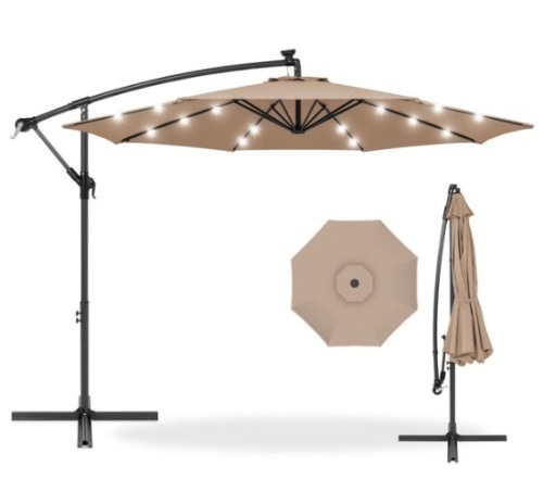 Solar LED Offset Hanging Patio Umbrella w/ Crank Tilt Adjustment - 10ft, Tan - Lot 623