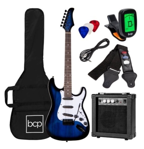 Beginner Electric Guitar Kit w/ Case, 10W Amp, Tremolo Bar - 39in, Hollywood Blue - Lot 626