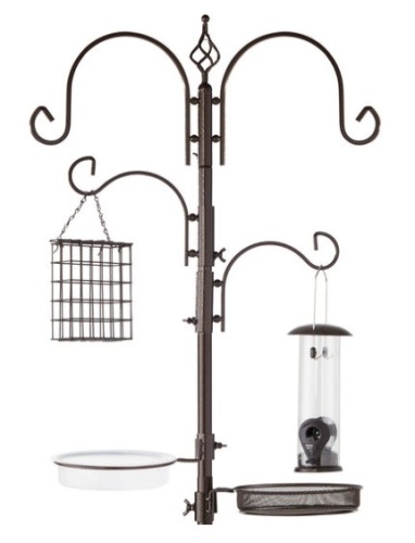 4-Hook Bird Feeding Station, Steel Feeder Stand w/ 2 Bird Feeders - 91in, Bronze - Lot 631