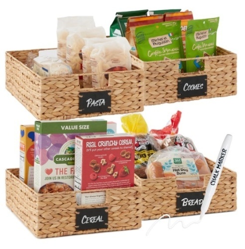 Set of 4 Water Hyacinth Pantry Baskets w/ Chalkboard, Chalk Marker, Natural - Lot 636