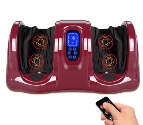 Therapeutic Foot Massager w/ High Intensity Rollers, Remote, 3 Modes, Burgundy - Lot 637
