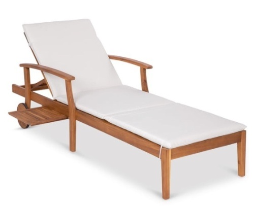 Adjustable Acacia Wood Chaise Lounge Chair w/ Side Table, Wheels - 79x26in, Cream - Lot 638