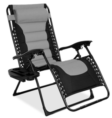 Oversized Padded Zero Gravity Chair, Folding Recliner w/ Headrest, Side Tray, Gray/Black - Lot 639