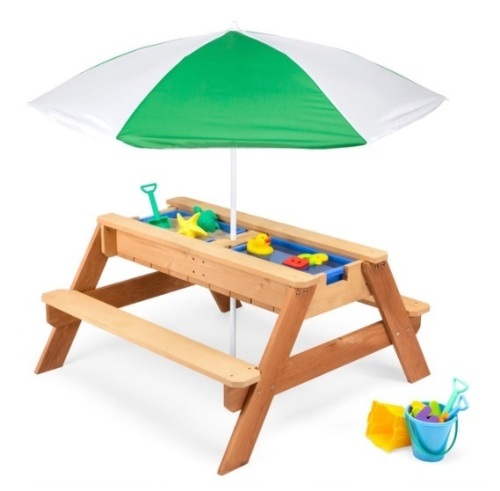 3-in-1 Kids Sand & Water Table Outdoor Wood Picnic Table w/ Umbrella, Green - Lot 642