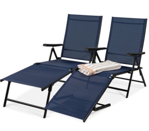 Set of 2 Outdoor Patio Chaise Recliner Lounge Chairs w/ Rust-Resistant Frame, Navy - Lot 647
