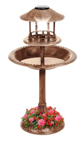 Solar Lighted Outdoor Pedestal Bird Bath w/ Planter, Decorative Bird Cage, Bronze - Lot 649