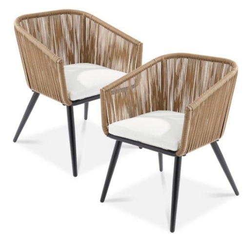 Set of 2 Indoor Outdoor Woven Wicker Patio Dining Chairs, 250lb Capacity, Natural/Ivory - Lot 653