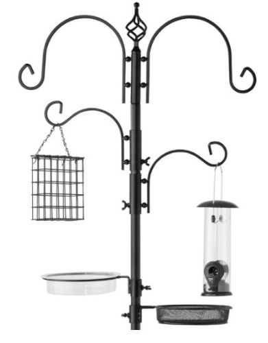 4-Hook Bird Feeding Station, Steel Feeder Stand w/ 2 Bird Feeders - 91in, Black - Lot 656