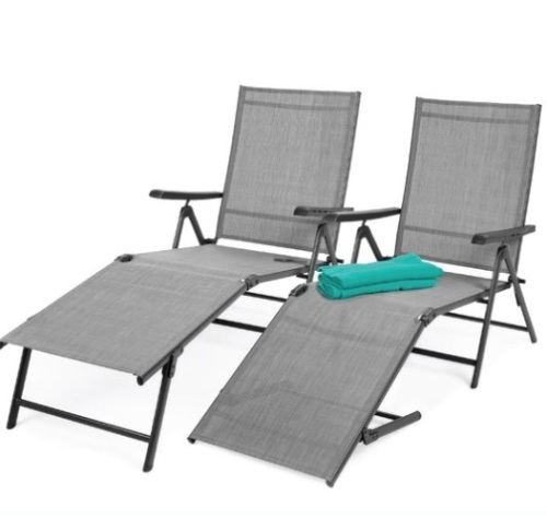 Set of 2 Outdoor Patio Chaise Recliner Lounge Chairs w/ Rust-Resistant Frame, Gray - Lot 660