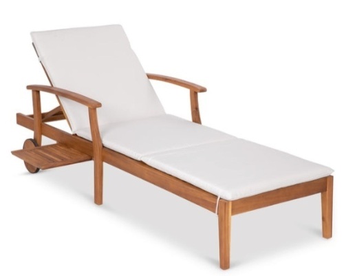 Adjustable Acacia Wood Chaise Lounge Chair w/ Side Table, Wheels - 79x26in, Cream - Lot 661