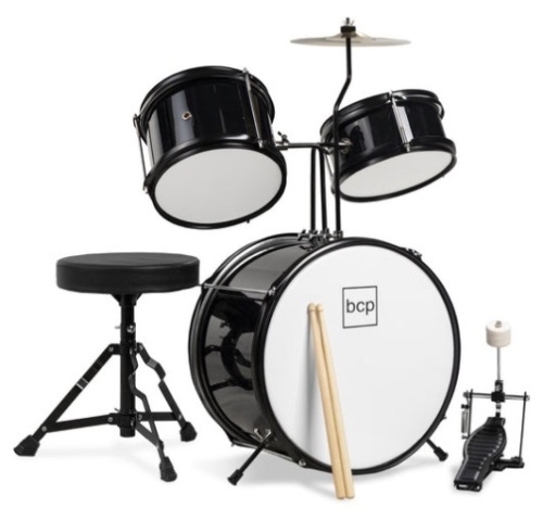 Kids Beginner 3-Piece Drum, Musical Instrument Set w/ Sticks, Stool, Pedal, Black - Lot 662