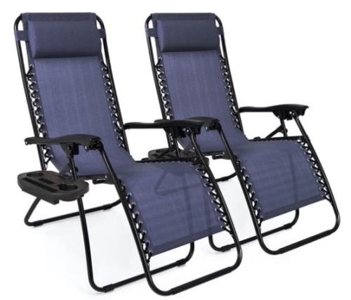 Set of 2 Adjustable Zero Gravity Patio Chair Recliners w/ Cup Holders, Blue - Lot 664