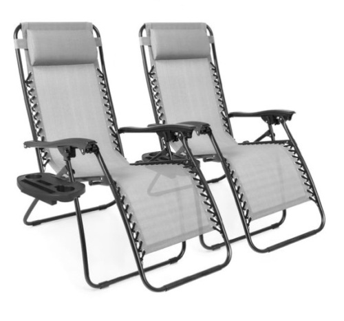 Set of 2 Adjustable Zero Gravity Patio Chair Recliners w/ Cup Holders, Ice Gray - Lot 665