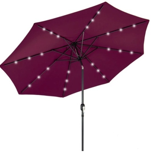 Solar LED Lighted Patio Umbrella w/ Tilt Adjustment, UV-Resistance - 10ft, Burgundy - Lot 674