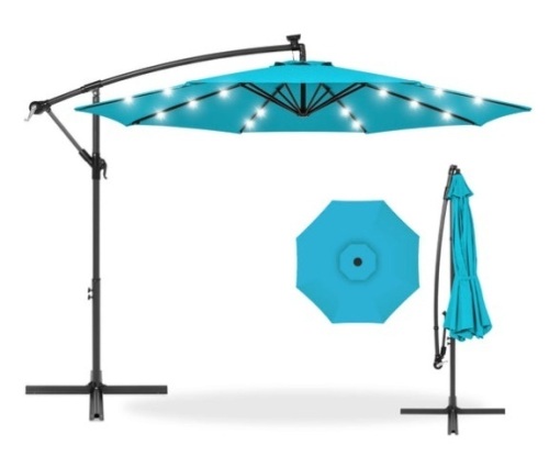 Solar LED Offset Hanging Patio Umbrella w/ Crank Tilt Adjustment - 10ft, Sky Blue - Lot 676