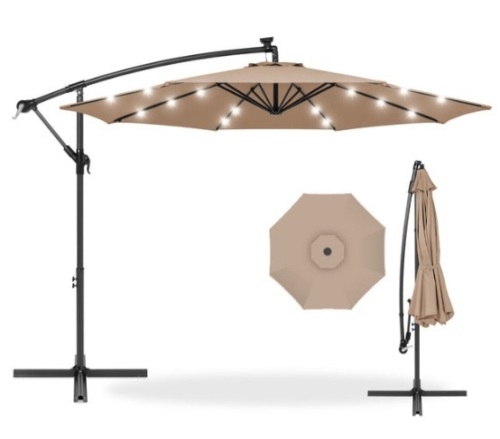 Solar LED Offset Hanging Patio Umbrella w/ Crank Tilt Adjustment - 10ft, Tan - Lot 678