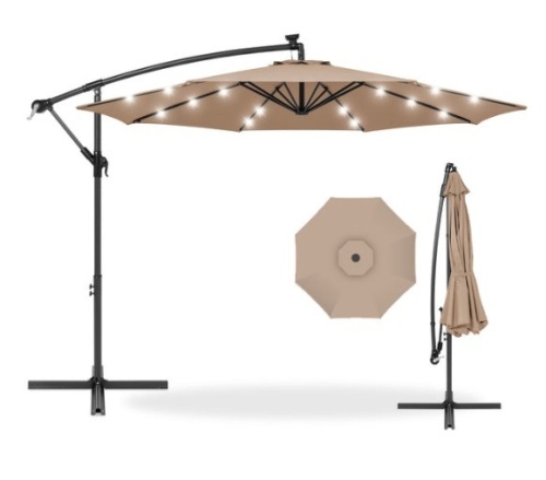 Solar LED Offset Hanging Patio Umbrella w/ Crank Tilt Adjustment - 10ft, Tan - Lot 681
