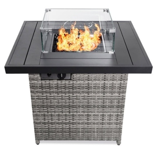 32in Fire Pit Table 50,000 BTU Wicker Propane w/ Wind Guard, Cover, Ash Gray - Lot 682