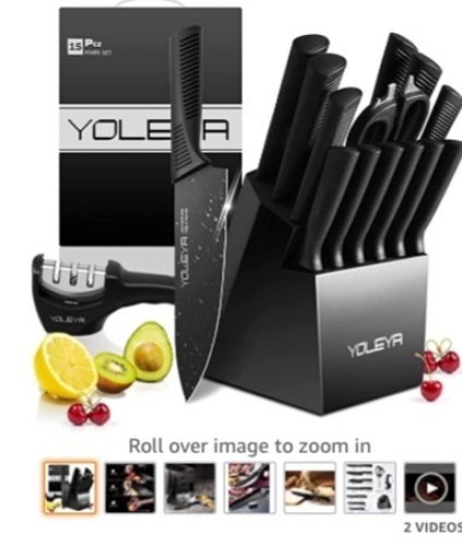 Yoleya, 15 Piece, Kitchen Knife Set, With Block, Like New, Retail - $149.99 - Lot 32